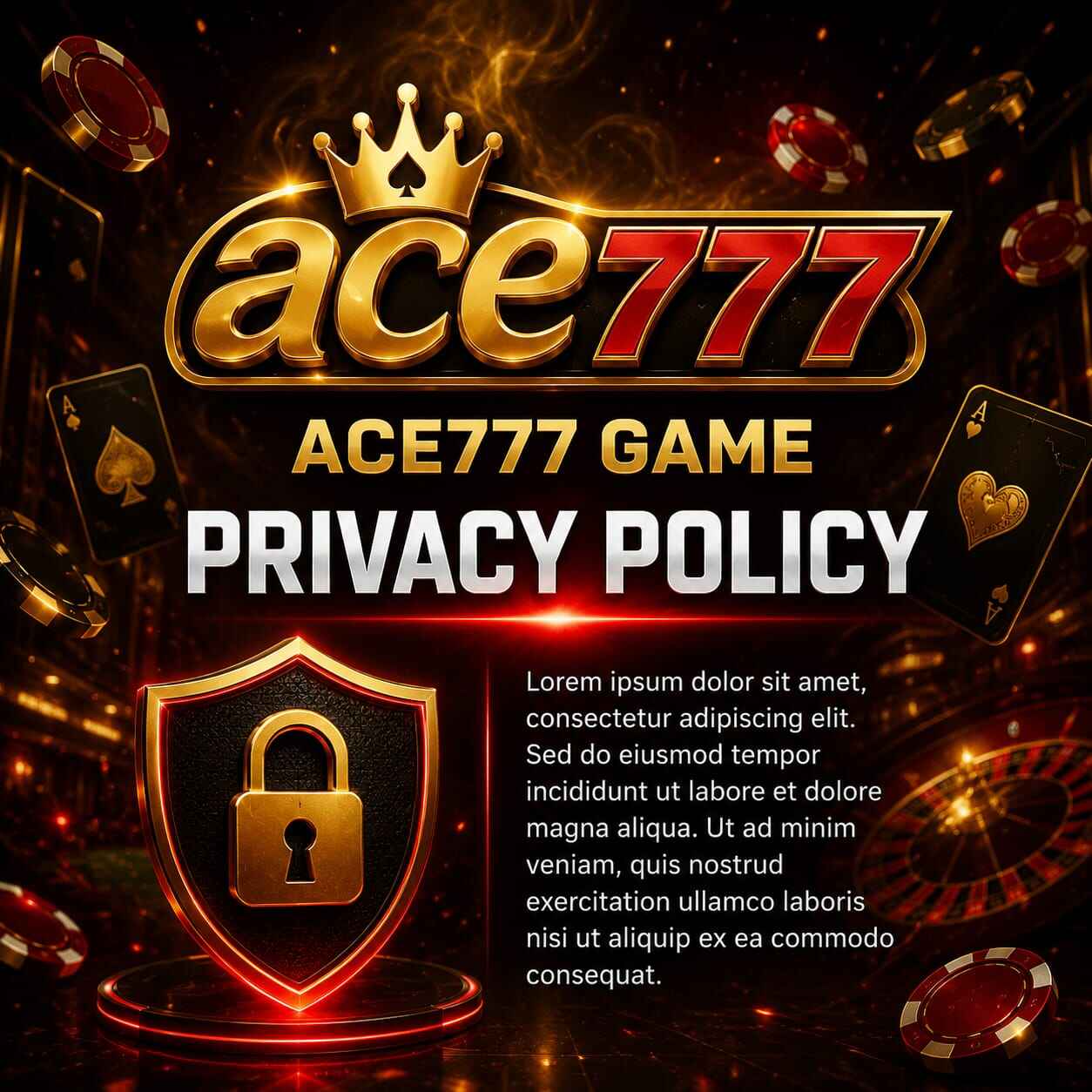 A glowing casino-themed privacy policy poster for “ACE777 GAME” featuring a luxurious gold and red 3D logo with a crown on top. The dark background includes floating poker chips, playing cards, and casino lights. Large silver text reads “PRIVACY POLICY,” with a golden shield and padlock icon below, symbolizing security and data protection. Decorative placeholder text appears on the right side in a modern gaming-style layout.